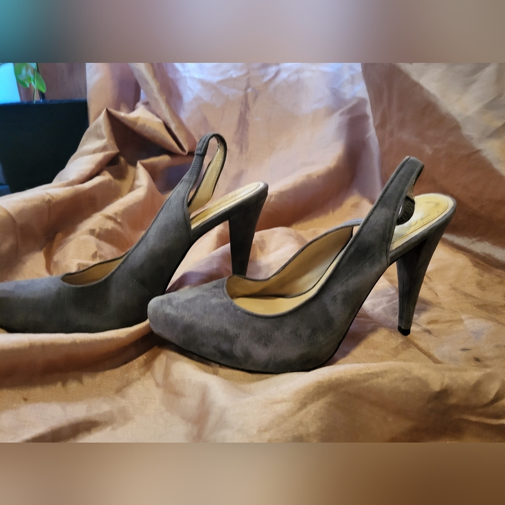 Joan and David grey suede closed toe open back heels